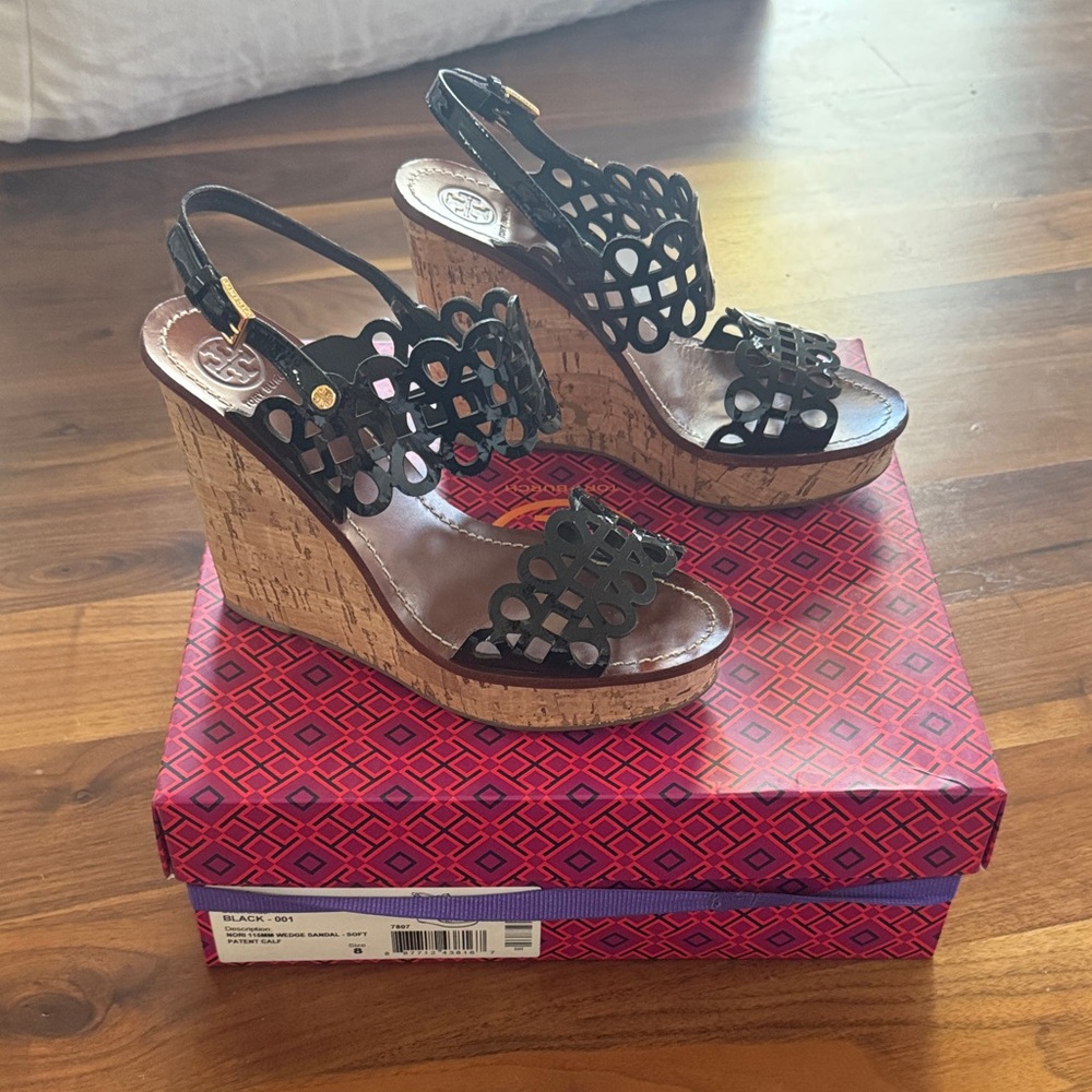 Tory Burch Black and Brown Wedge Sandals